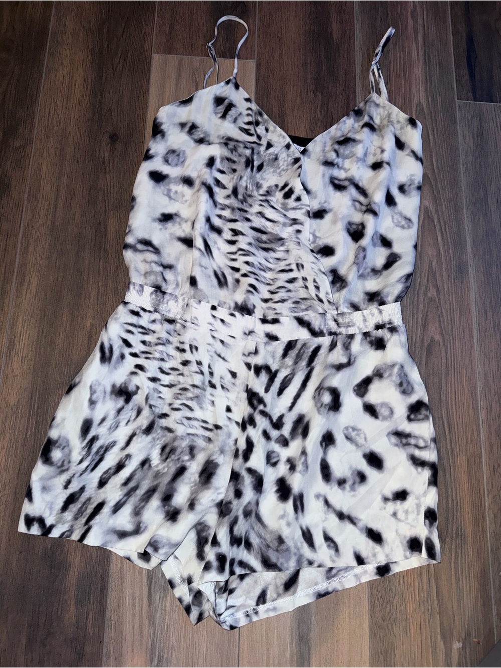 Parker Black and White Satin Romper with Animal Print Trim